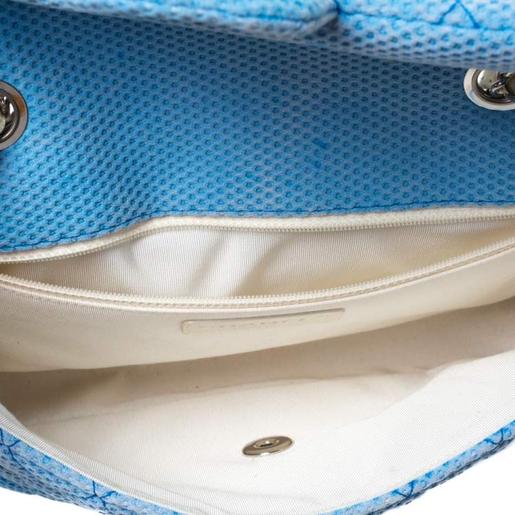 Pre Owned Chanel Blue/White Quilted Perforated Jersey Medium Classic Single Flap Bag         