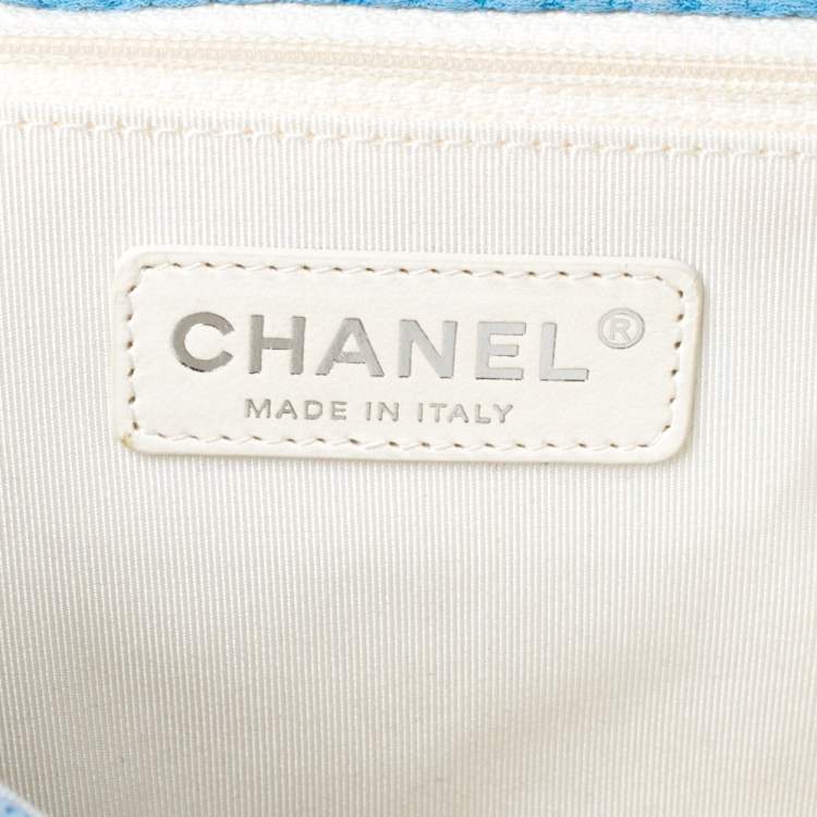 Pre Owned Chanel Blue/White Quilted Perforated Jersey Medium Classic Single Flap Bag         