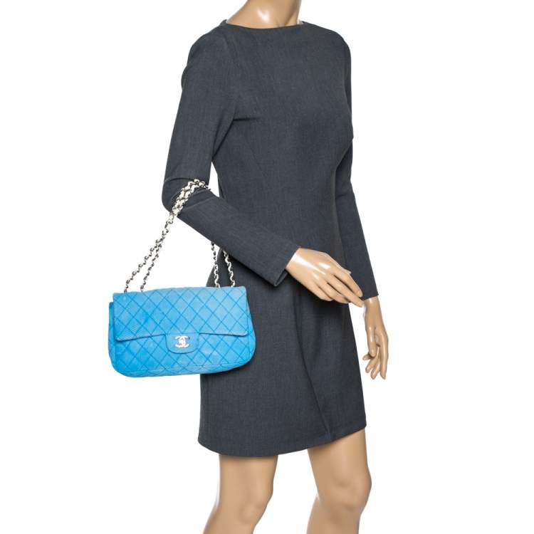 Pre Owned Chanel Blue/White Quilted Perforated Jersey Medium Classic Single Flap Bag         