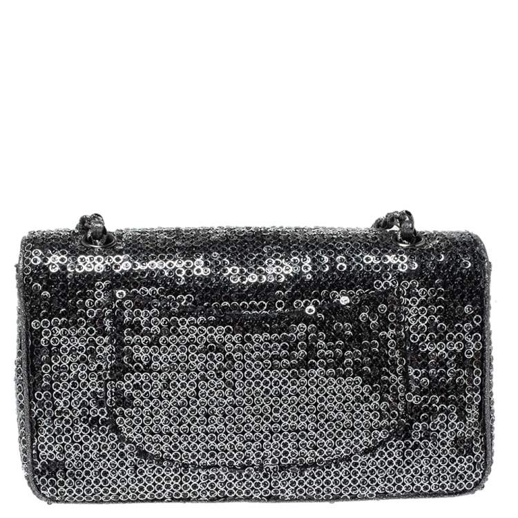 Pre Owned Chanel Silver/Black Sequins Medium Classic Single Flap Bag