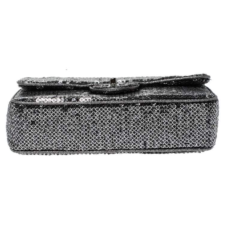 Pre Owned Chanel Silver/Black Sequins Medium Classic Single Flap Bag