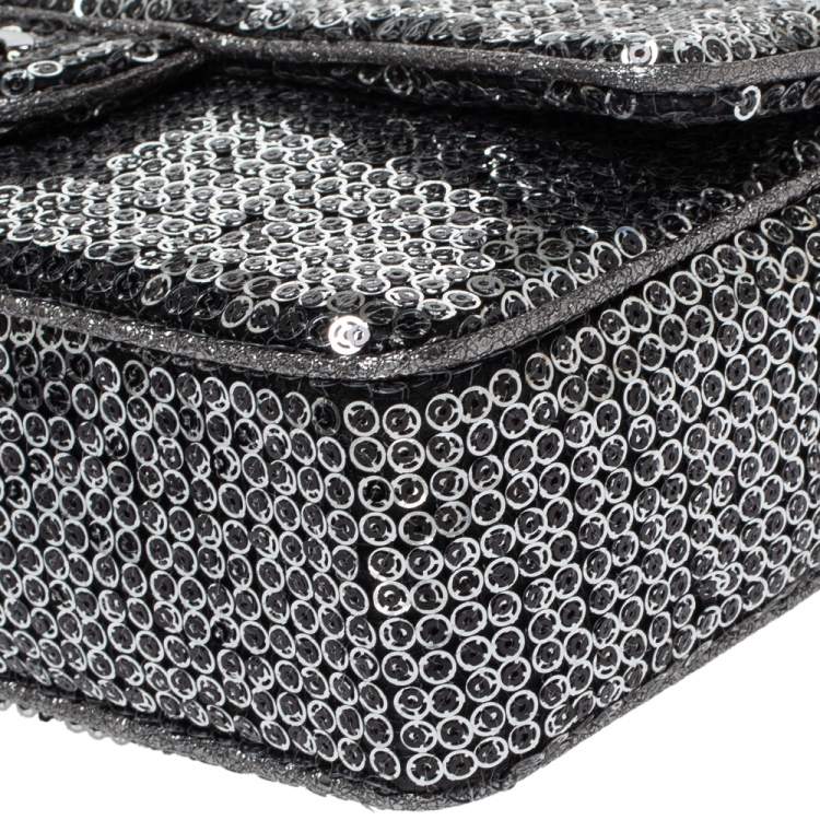 Pre Owned Chanel Silver/Black Sequins Medium Classic Single Flap Bag