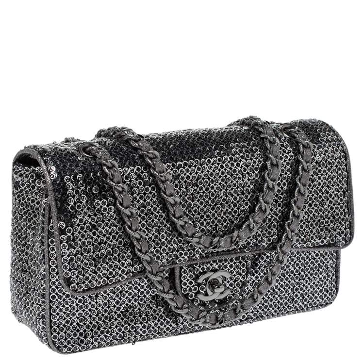 Pre Owned Chanel Silver/Black Sequins Medium Classic Single Flap Bag