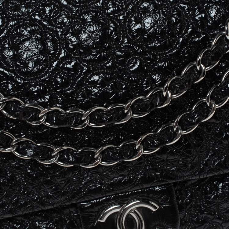 Pre Owned Chanel Black Camellia Embossed Patent Leather Jumbo Classic Single Flap Bag