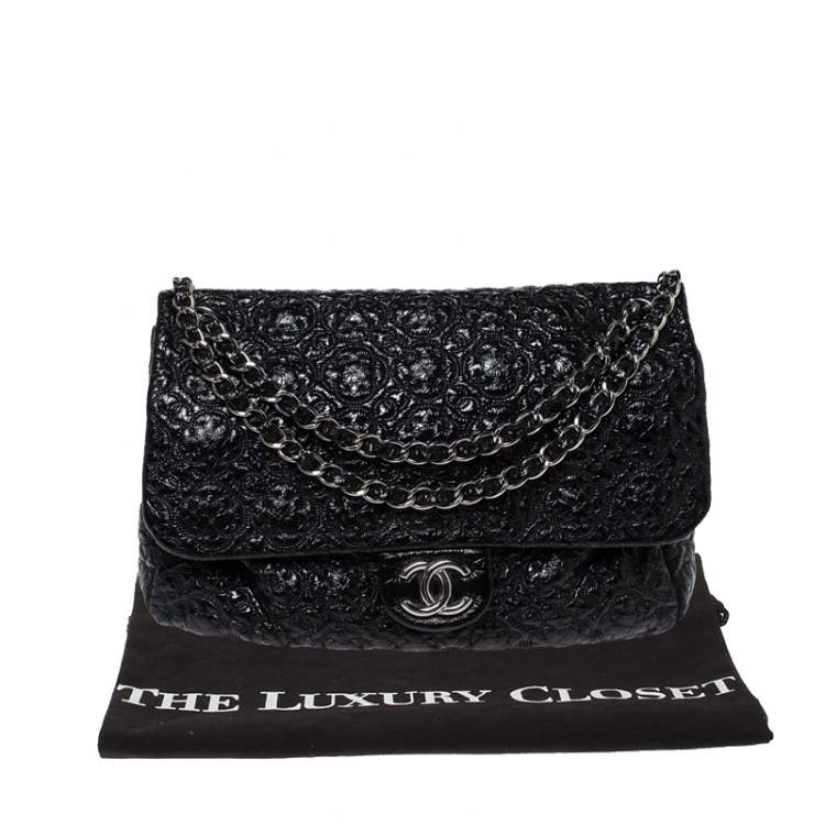 Pre Owned Chanel Black Camellia Embossed Patent Leather Jumbo Classic Single Flap Bag