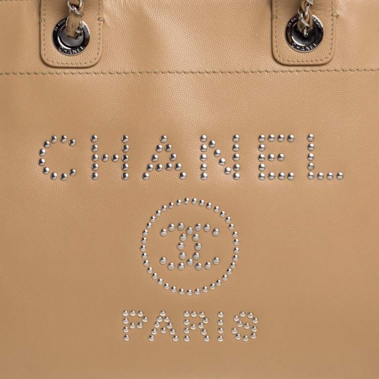 Pre Owned Chanel Beige Leather Large Studded Logo Deauville Tote 