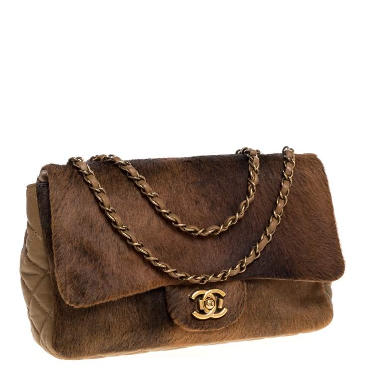 Pre Owned Chanel Brown Quilted Leather and Calfhair Single Flap Bag