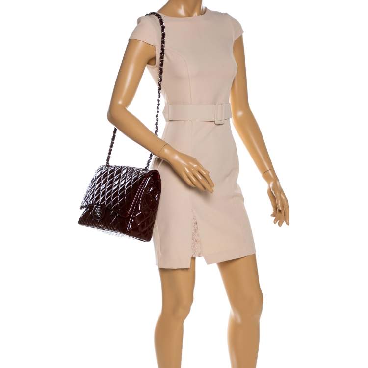 Pre Owned Chanel Burgundy Quilted Patent Leather Maxi Classic Single Flap Bag