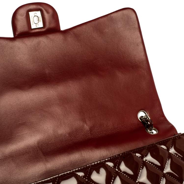 Pre Owned Chanel Burgundy Quilted Patent Leather Maxi Classic Single Flap Bag
