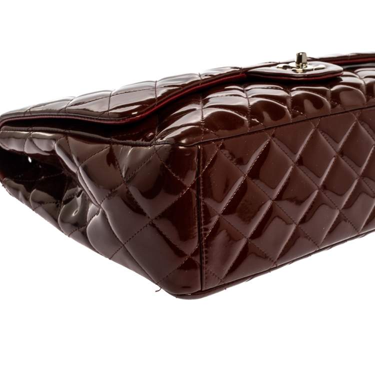 Pre Owned Chanel Burgundy Quilted Patent Leather Maxi Classic Single Flap Bag
