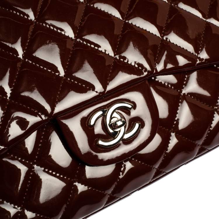 Pre Owned Chanel Burgundy Quilted Patent Leather Maxi Classic Single Flap Bag