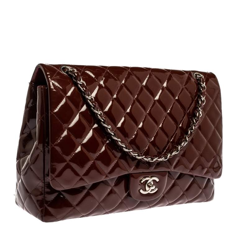 Pre Owned Chanel Burgundy Quilted Patent Leather Maxi Classic Single Flap Bag