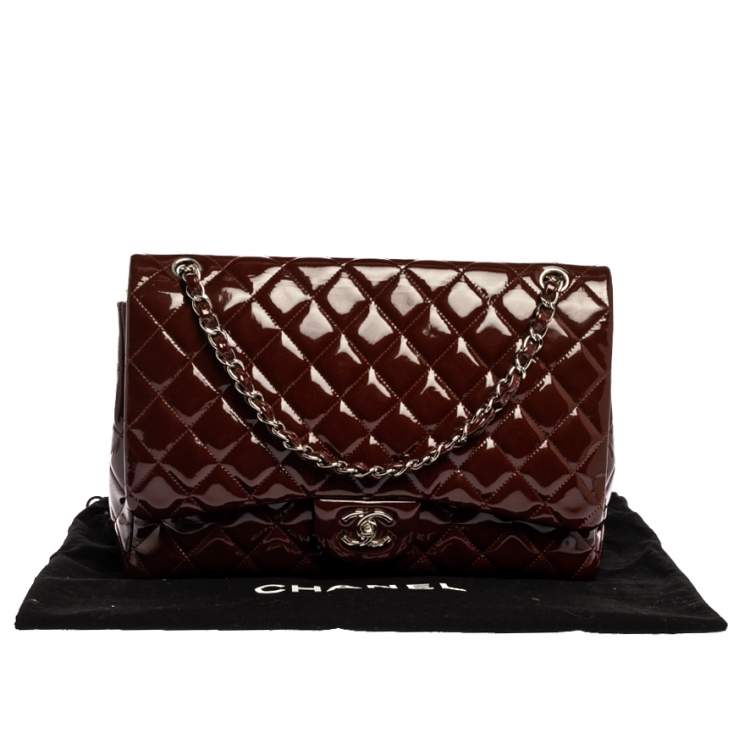 Pre Owned Chanel Burgundy Quilted Patent Leather Maxi Classic Single Flap Bag