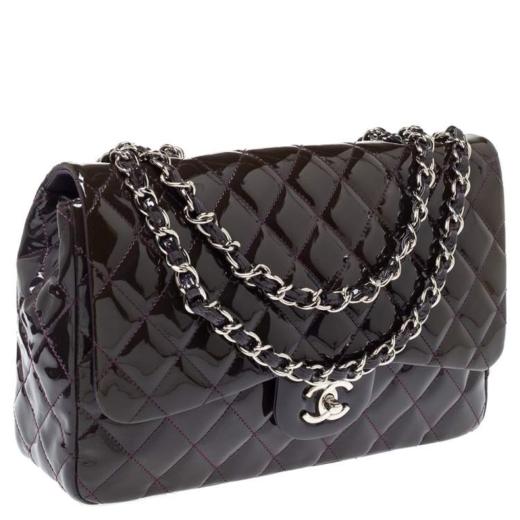 Pre Owned Chanel Purple Quilted Patent Leather Jumbo Classic Single Flap Bag