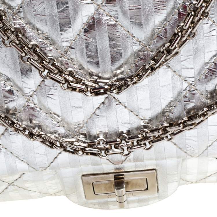 Pre Owned Chanel Silver Striped Quilted Leather Reissue 2.55 Classic 227 Flap Bag