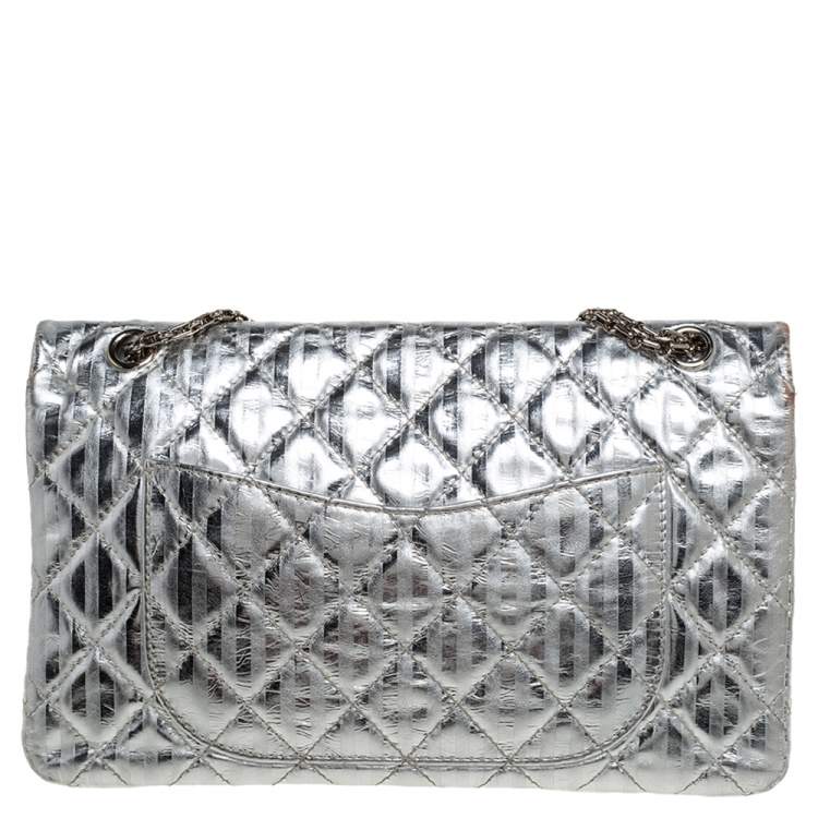 Pre Owned Chanel Silver Striped Quilted Leather Reissue 2.55 Classic 227 Flap Bag