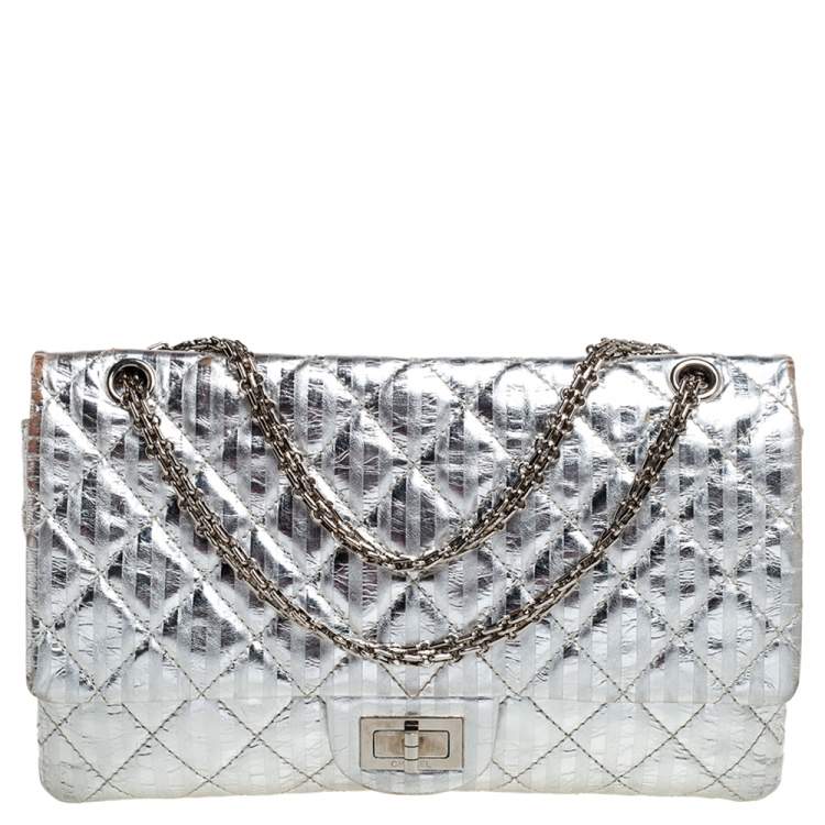 Chanel Silver Metallic Striped 2.55 Reissue Quilted Classic Calfskin Leather  227 Jumbo Flap Bag - Yoogi's Closet