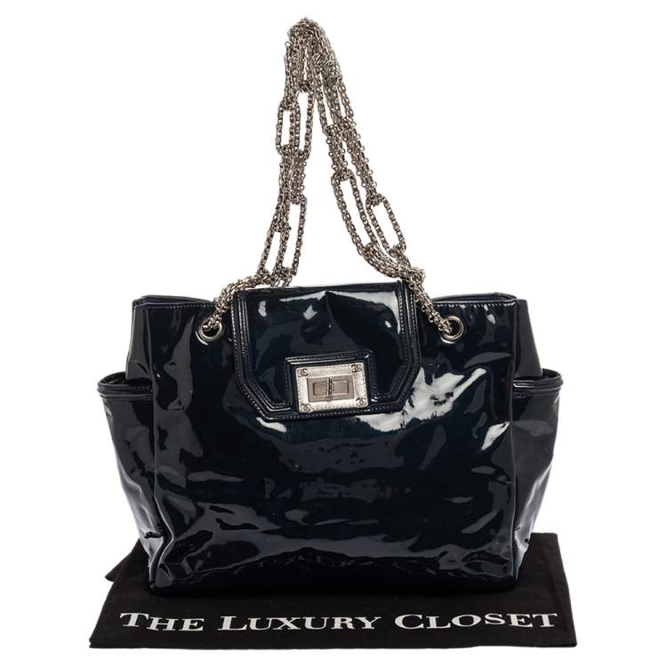Pre Owned Chanel Dark Blue Patent Leather Giant Reissue Lock Chain Link Tote