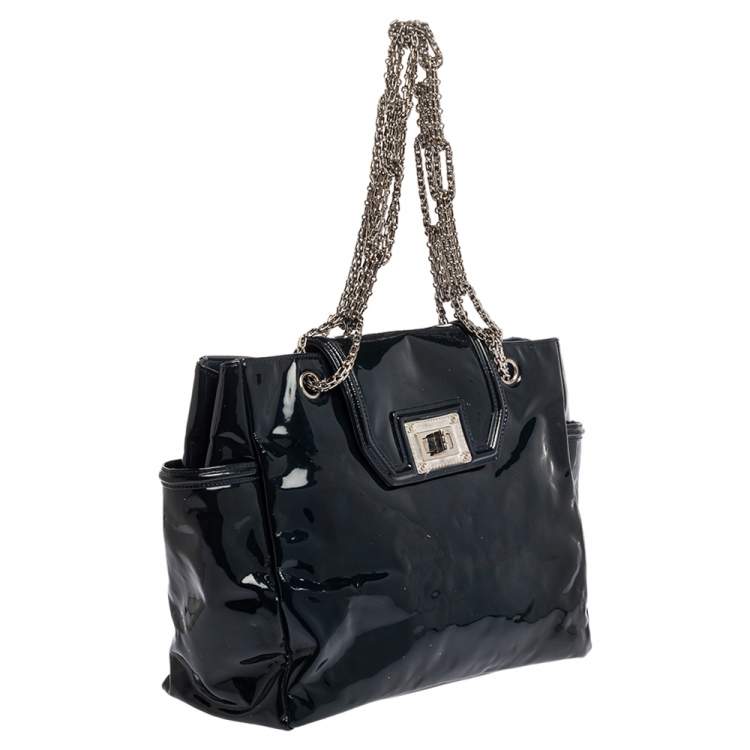 Pre Owned Chanel Dark Blue Patent Leather Giant Reissue Lock Chain Link Tote