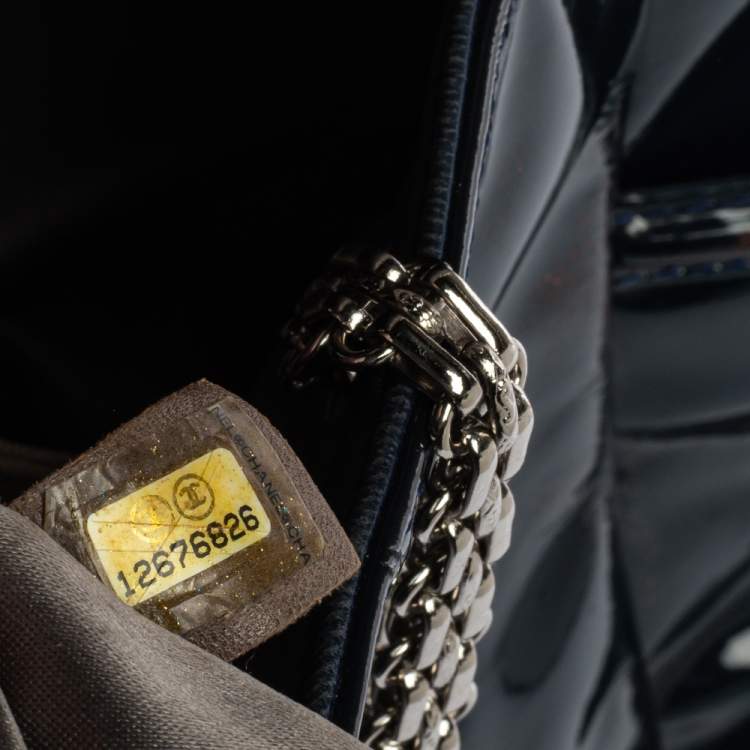 Pre Owned Chanel Dark Blue Patent Leather Giant Reissue Lock Chain Link Tote
