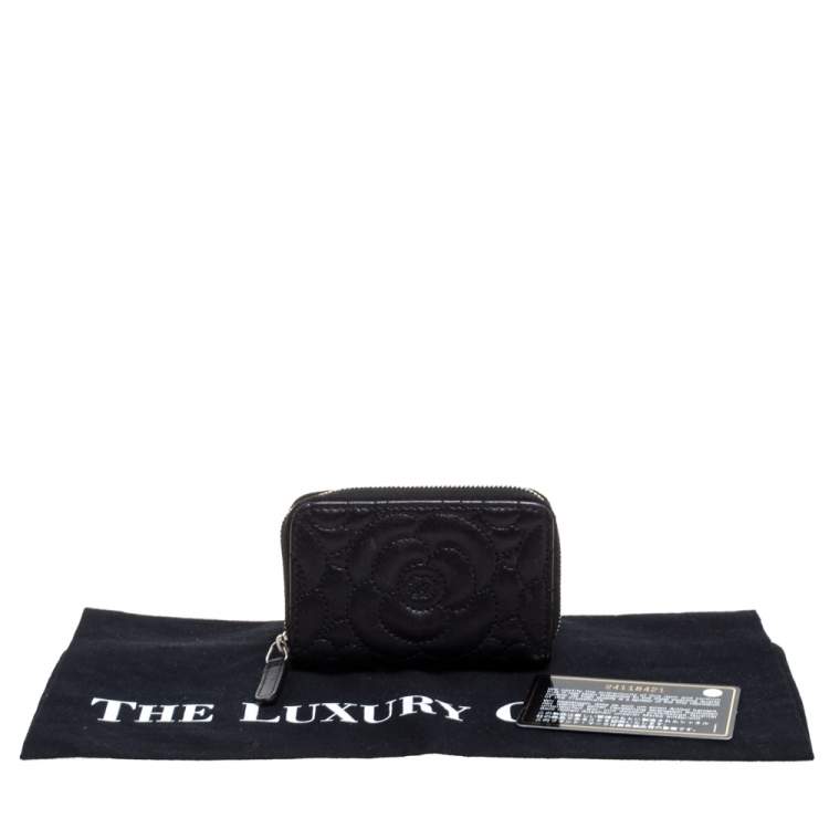Pre Owned Chanel Black Camellia Embossed Leather Zip Around Coin Purse
