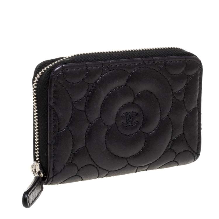 Pre Owned Chanel Black Camellia Embossed Leather Zip Around Coin Purse