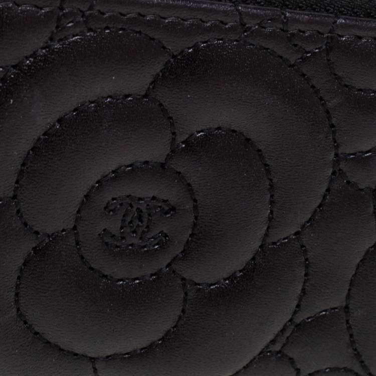 Pre Owned Chanel Black Camellia Embossed Leather Zip Around Coin Purse