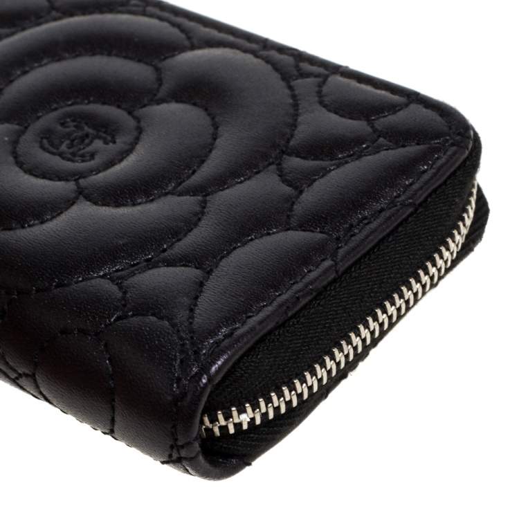 Pre Owned Chanel Black Camellia Embossed Leather Zip Around Coin Purse