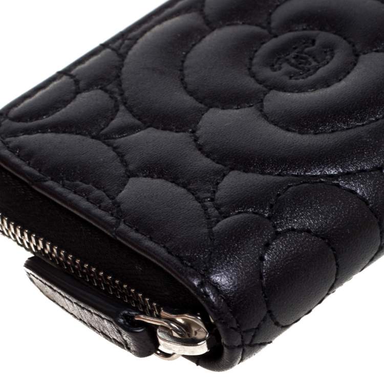 Pre Owned Chanel Black Camellia Embossed Leather Zip Around Coin Purse