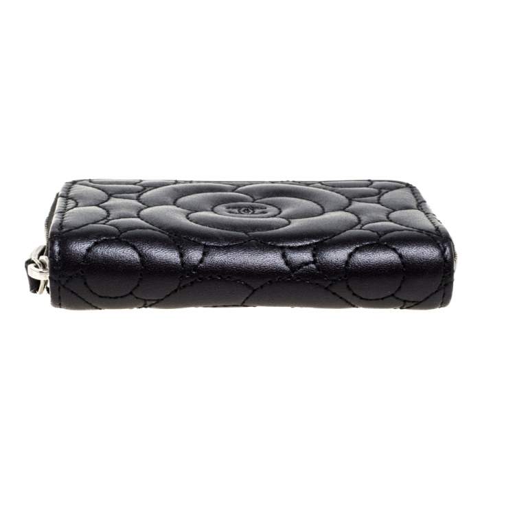 Pre Owned Chanel Black Camellia Embossed Leather Zip Around Coin Purse