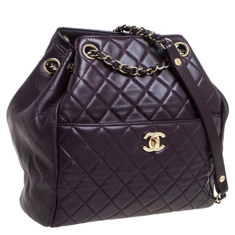 Pre Owned Chanel Plum Quilted Leather Timeless Classic Drawstring Bag
