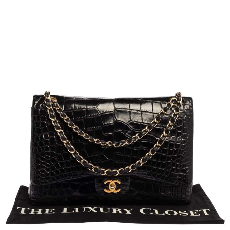 Pre Owned Chanel Black Crocodile Leather Classic Maxi Single Flap Bag