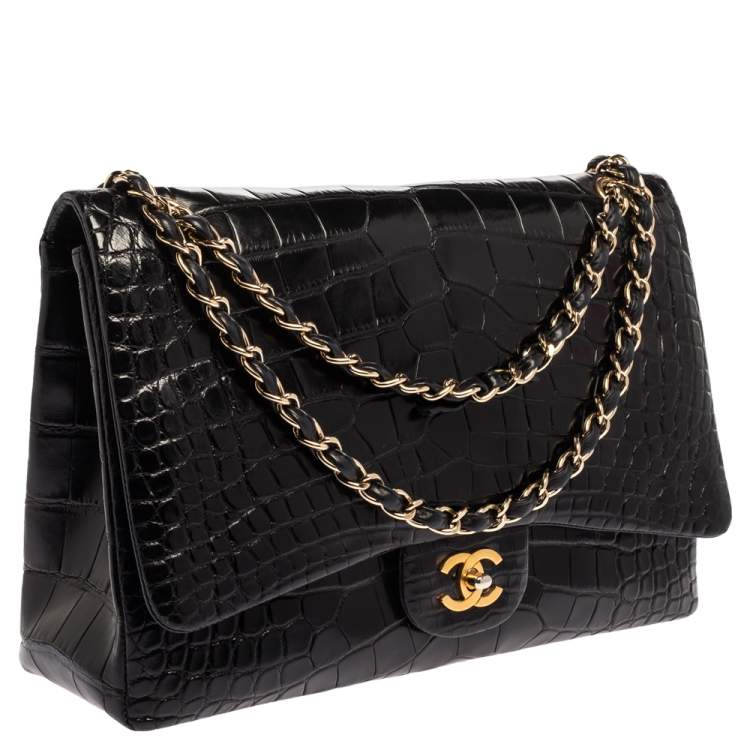 Pre Owned Chanel Black Crocodile Leather Classic Maxi Single Flap Bag
