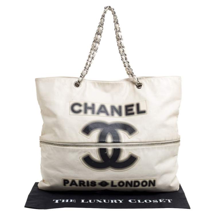 Pre Owned Chanel Cream Leather 2009 London Paris Chain Tote 