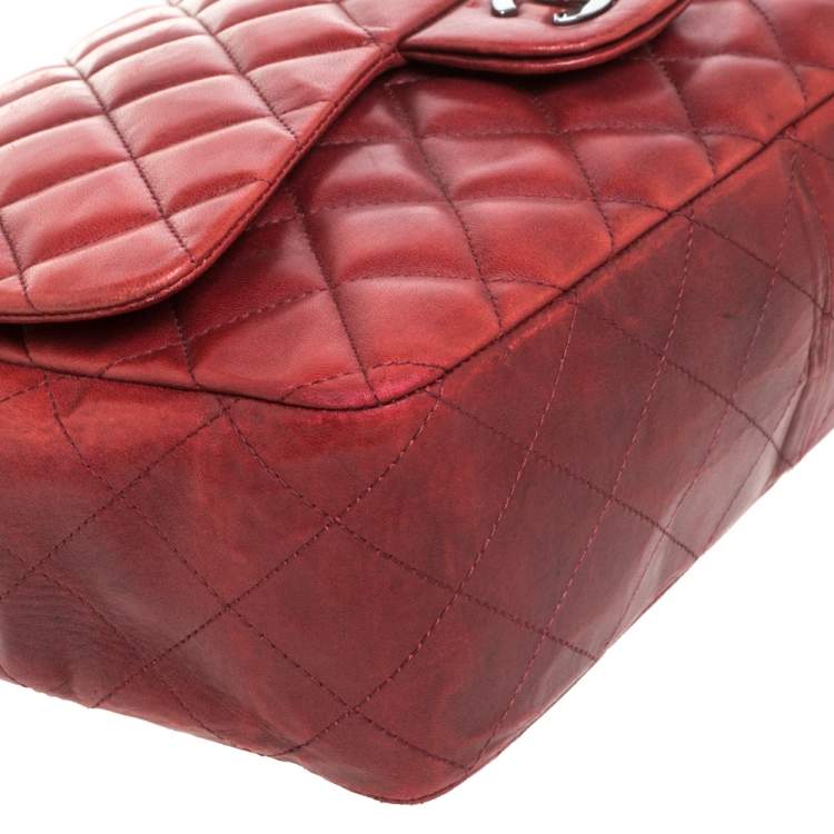 Pre Owned Chanel Red Quilted Leather Jumbo Classic Single Flap Shoulder Bag