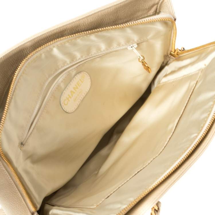Pre Owned Chanel Light Cream Caviar Leather Vintage Chain Tote