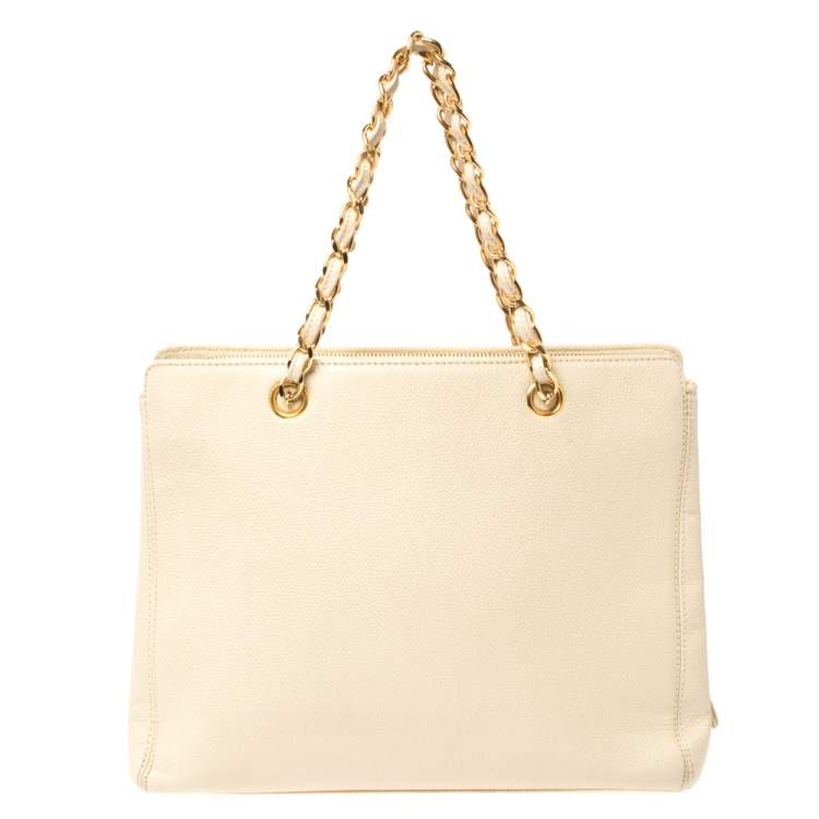 Pre Owned Chanel Light Cream Caviar Leather Vintage Chain Tote