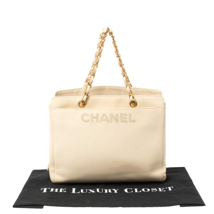 Pre Owned Chanel Light Cream Caviar Leather Vintage Chain Tote