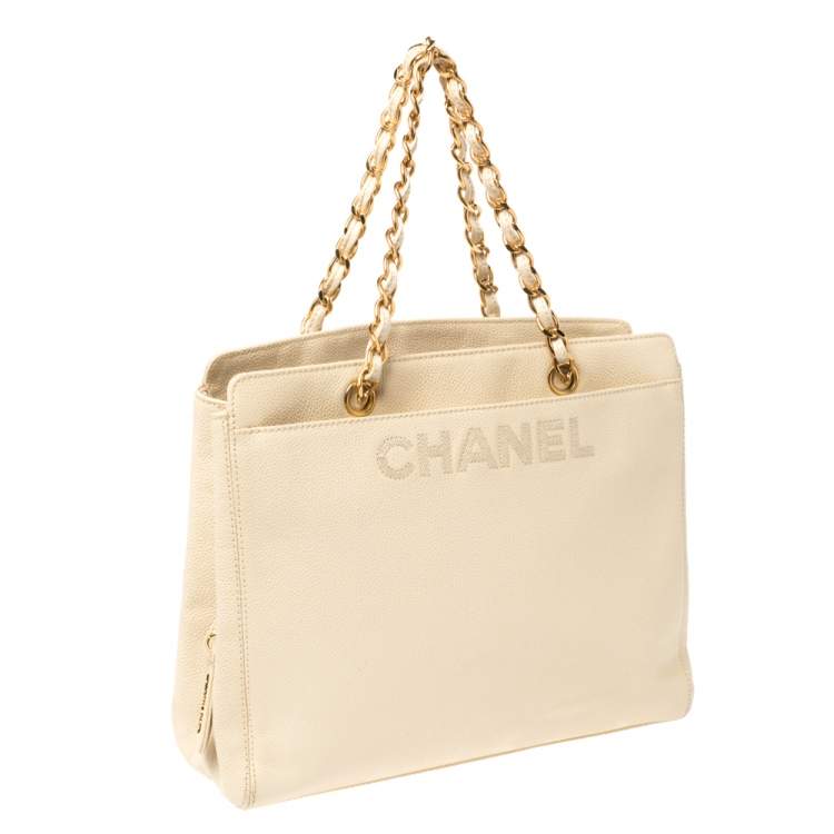 Pre Owned Chanel Light Cream Caviar Leather Vintage Chain Tote