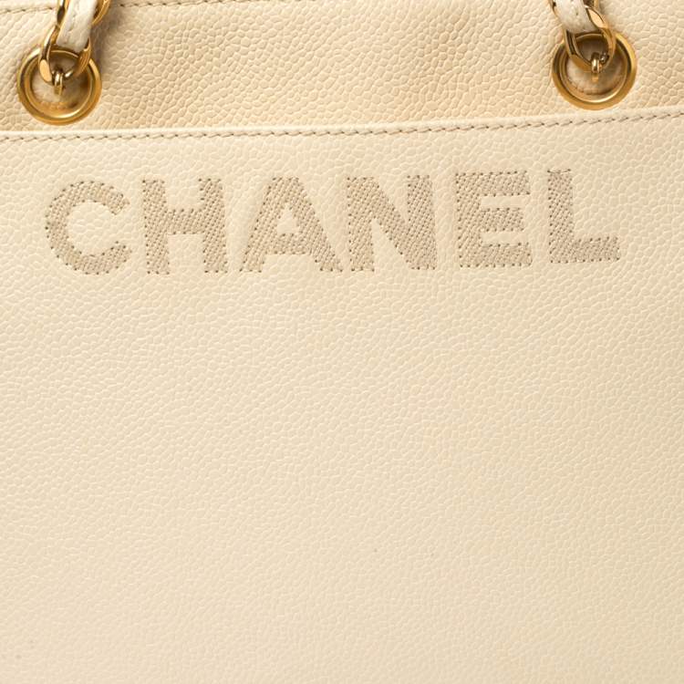 Pre Owned Chanel Light Cream Caviar Leather Vintage Chain Tote