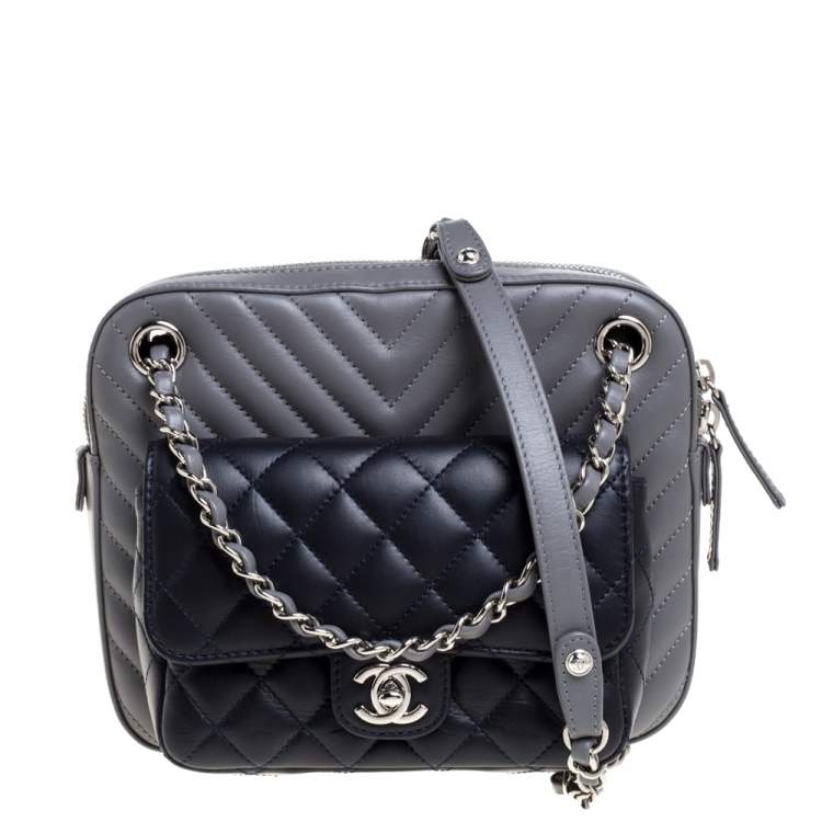 CHANEL Lambskin Chevron Quilted Camera Case Navy 44743