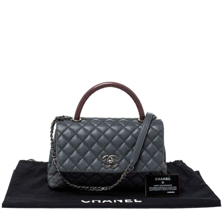 Chanel Grey Burgundy Caviar Leather And Lizard Medium Coco Top Handle Bag Chanel Tlc