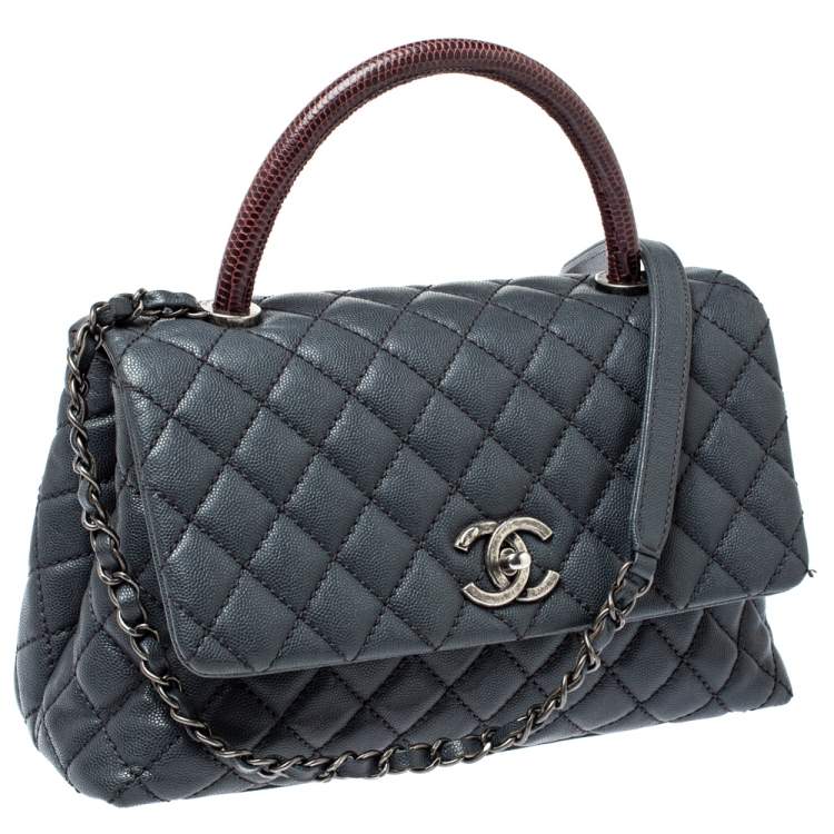 Chanel Grey Burgundy Caviar Leather And Lizard Medium Coco Top Handle Bag Chanel Tlc