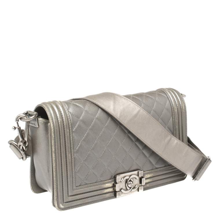 Chanel Grey Quilted Leather and Stingray Trim Medium Boy Flap Bag