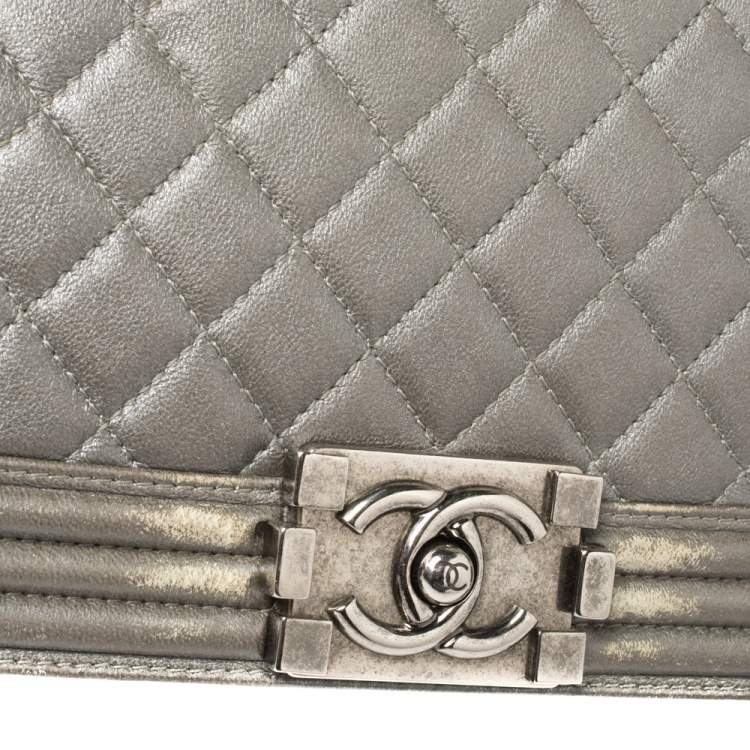 Chanel Grey Quilted Leather and Stingray Trim Medium Boy Flap Bag