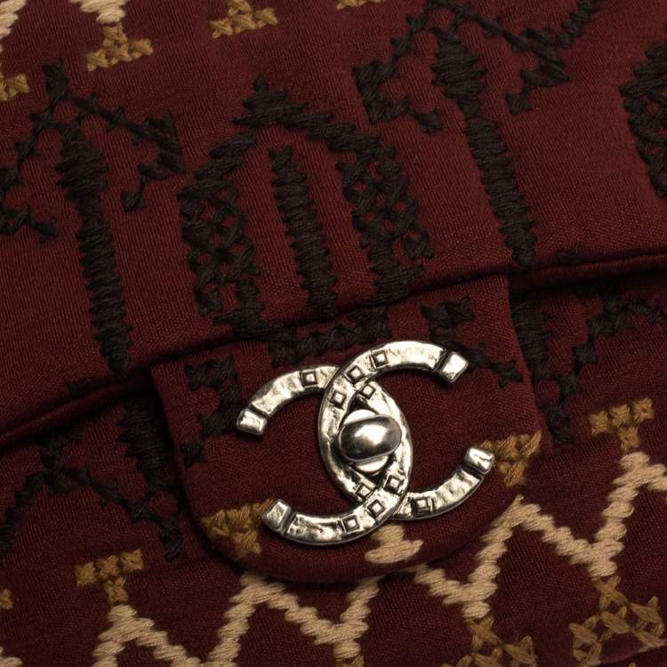 Pre Owned Chanel Multicolor Embroidered Jersey Jumbo Classic Single Flap Bag