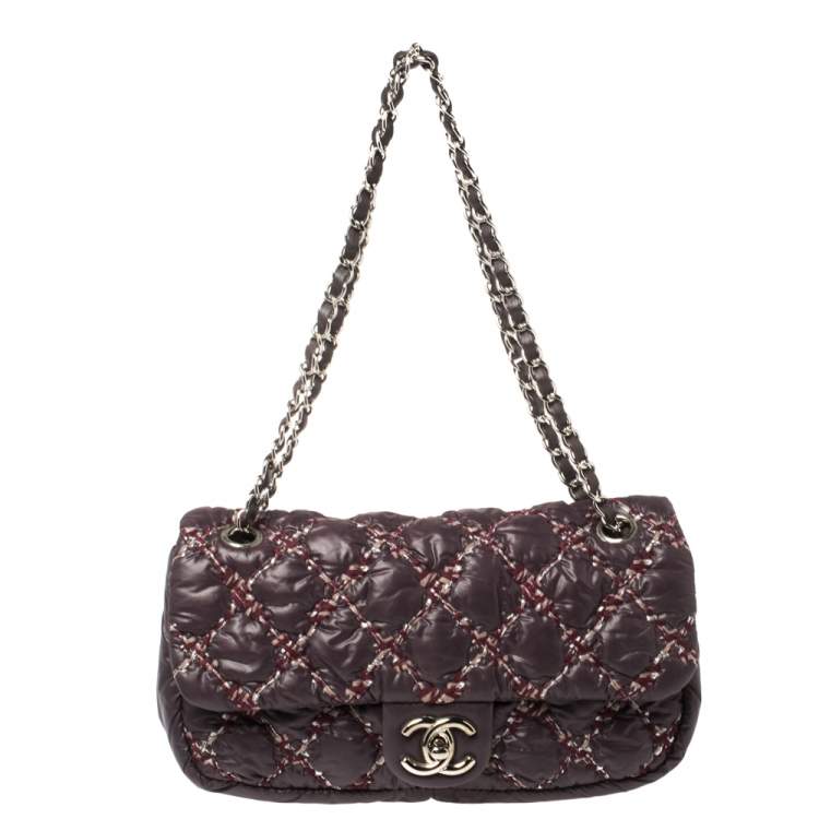 Chanel Plum Quilted Nylon Medium Tweed on Stitch Bubble Flap Shoulder Bag  Chanel
