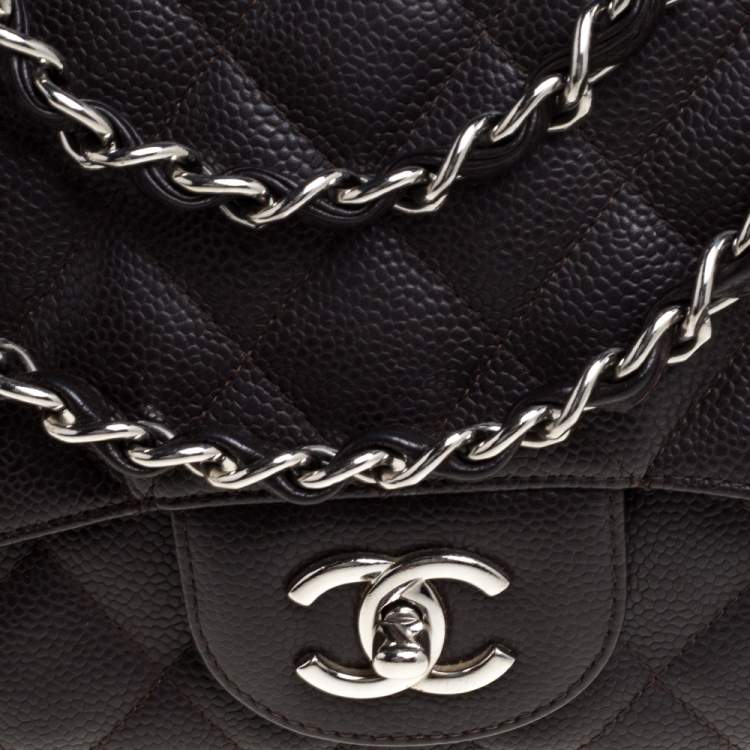Pre Owned Chanel Brown Quilted Caviar Leather Jumbo Classic Single Flap Bag