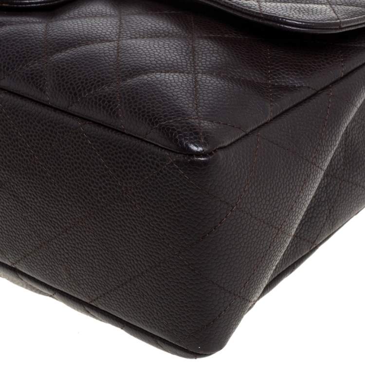 Pre Owned Chanel Brown Quilted Caviar Leather Jumbo Classic Single Flap Bag
