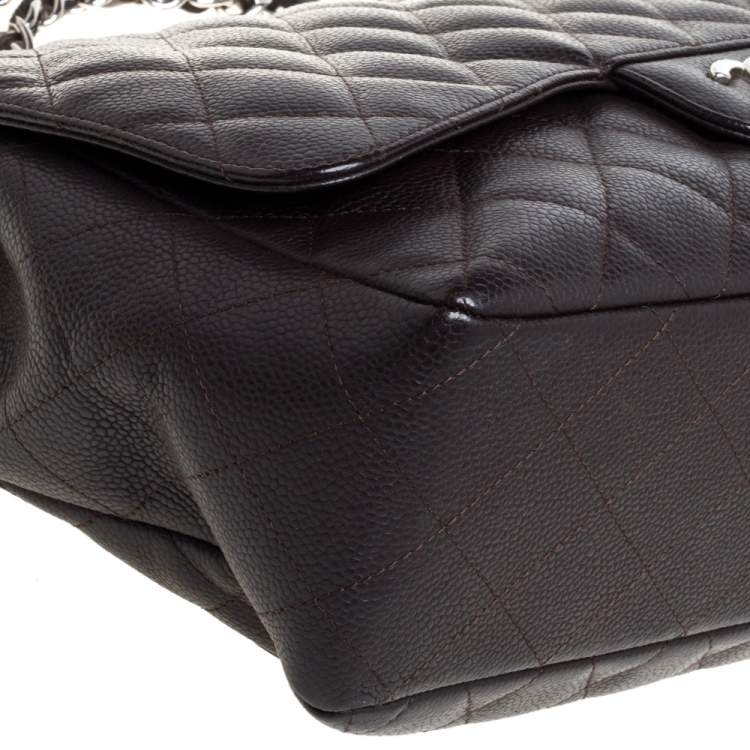Pre Owned Chanel Brown Quilted Caviar Leather Jumbo Classic Single Flap Bag